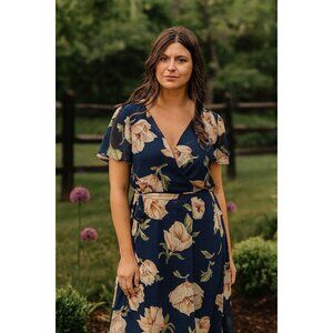 Rich and Beautiful Plus Size 1X Wrap Maxi Dress | Navy Floral V-Neck Cottagecore